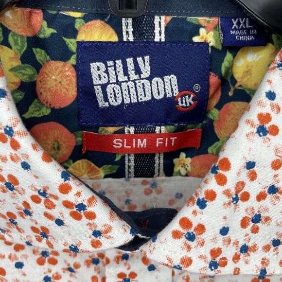 BILLY LONDON UK Shirt Mens XXL White Orange Floral Button Up Slim Fit Stretch - Picture 6 of 9